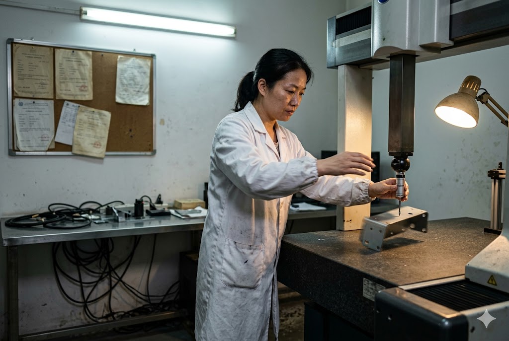 Precision Quality Control QC technician measuring custom mechanical part precision with CMM machine (ID#3)