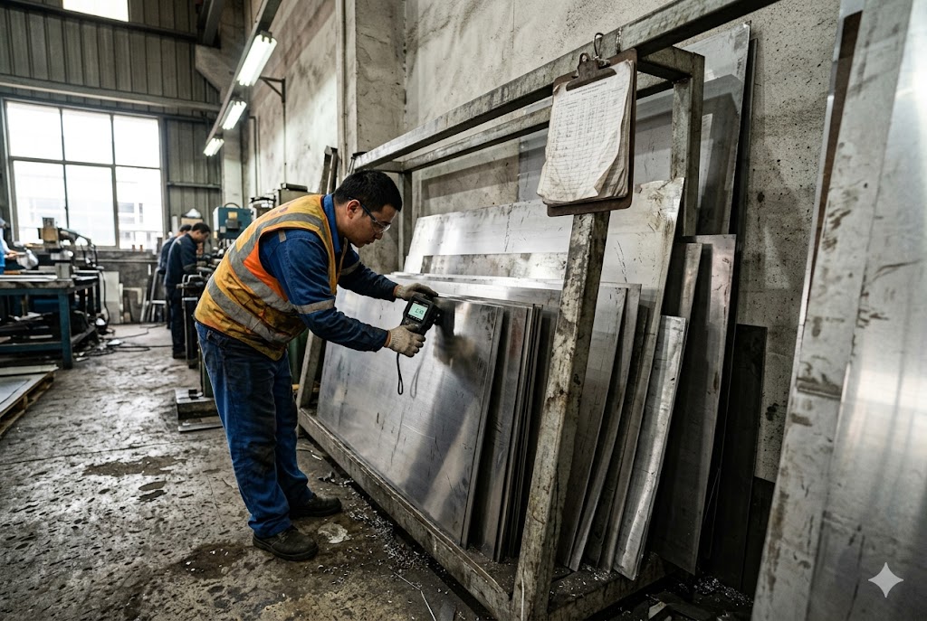 Metal Parts Quality Inspection QC inspector scanning steel sheets for custom mechanical parts quality control (ID#3)
