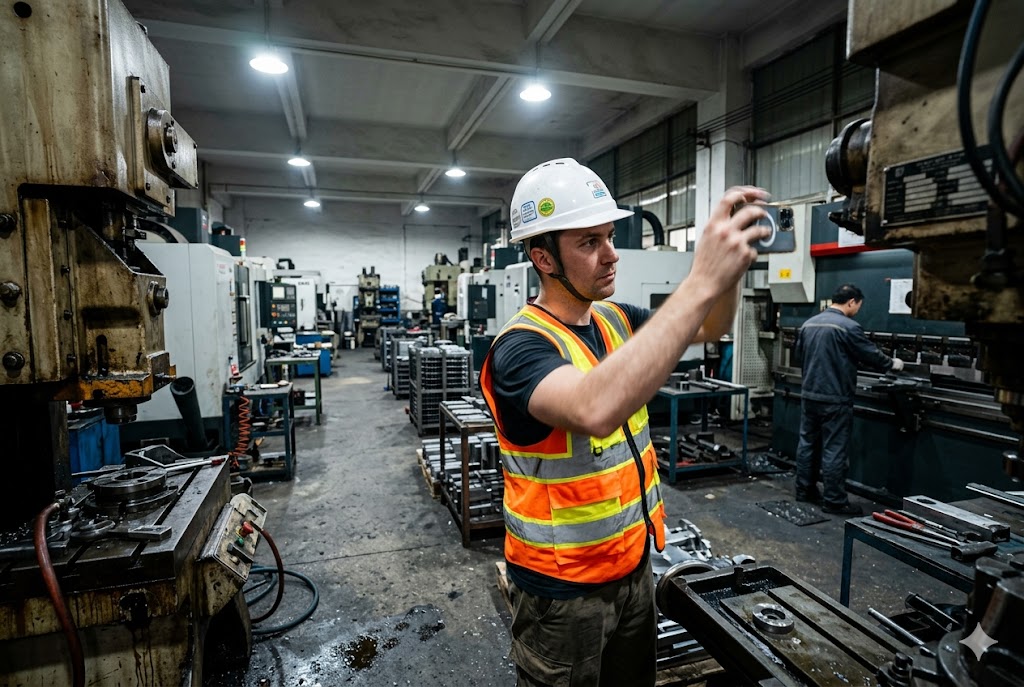 China Factory Audit Inspection Factory audit inspector in hard hat operating CNC machinery at Chinese manufacturing facility (ID#3)