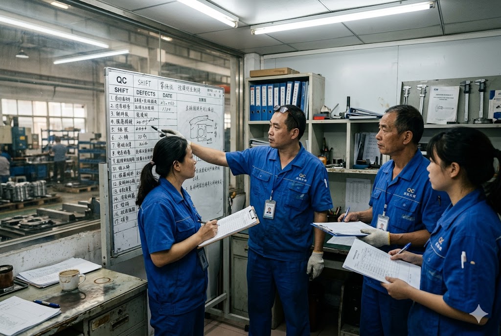 Factory QC Team Review QC team in blue uniforms reviewing defect shift report at factory whiteboard (ID#3)