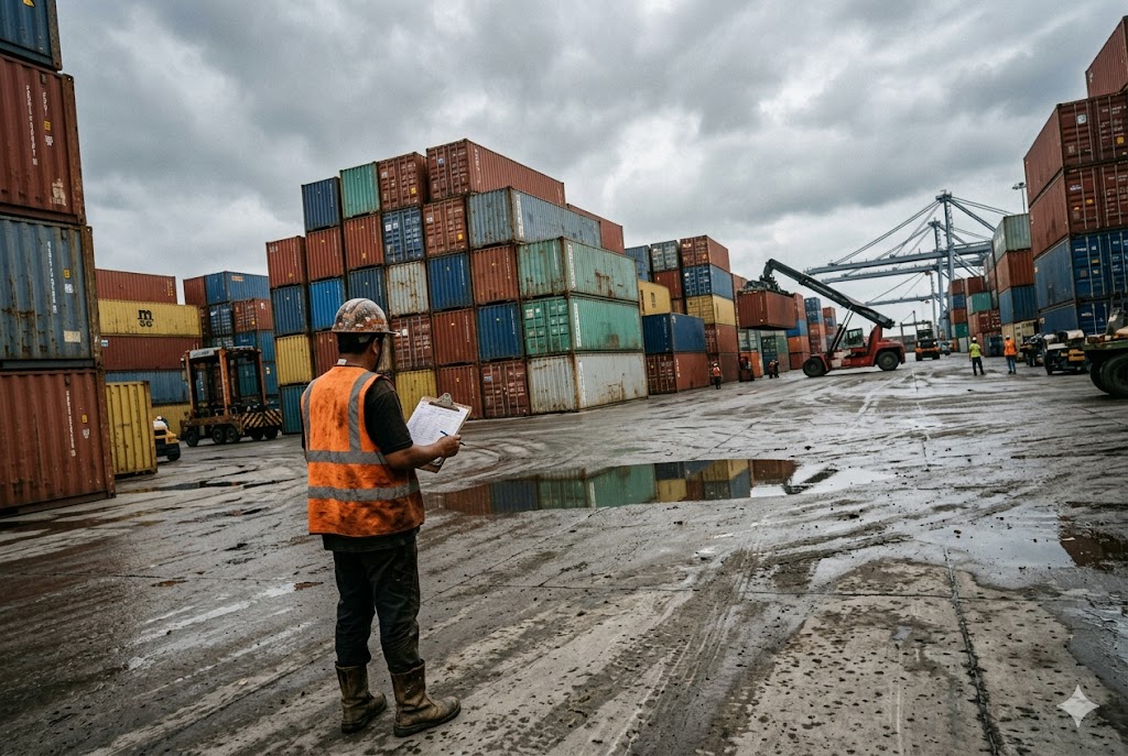 Global Supply Chain Management Logistics manager overseeing shipping containers at international freight port (ID#3)