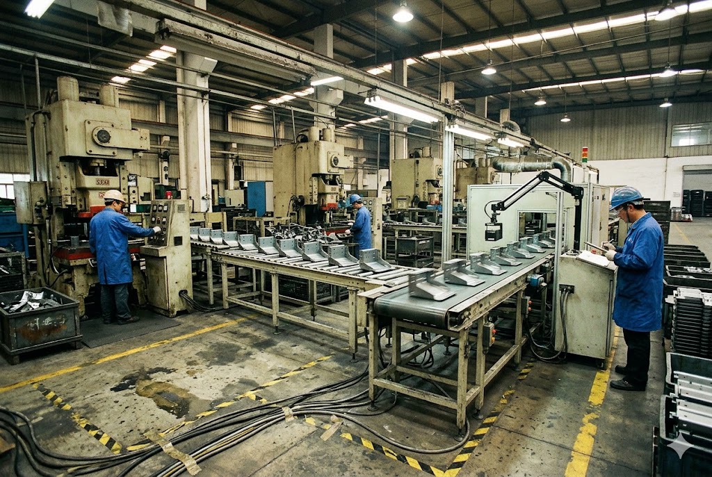 Metal Parts Production Line Three workers operating stamping press line producing custom metal parts (ID#3)