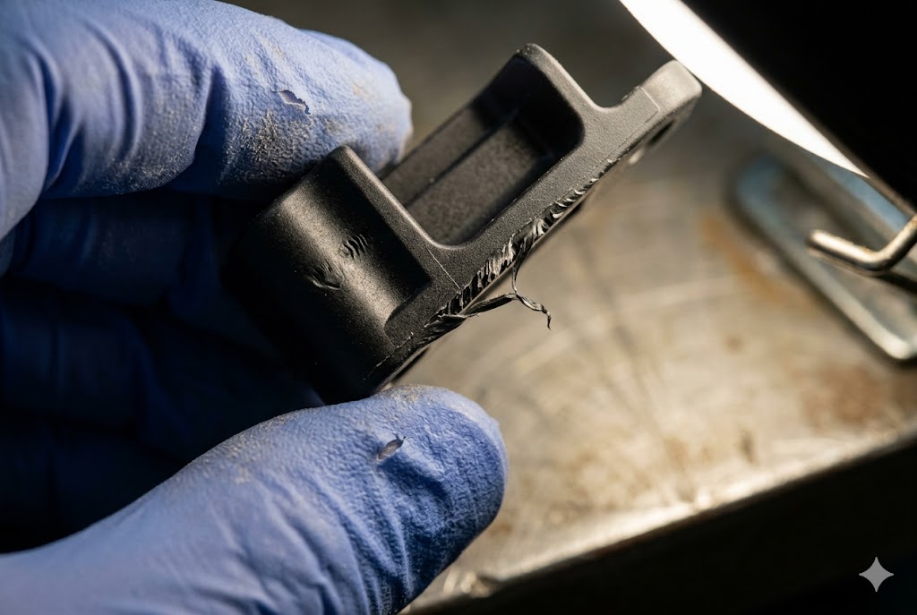 Custom Parts Defect Inspection Inspector in gloves examining defective custom plastic mechanical part closely (ID#3)