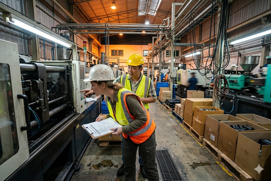 Factory Supplier Audit Client and factory engineer conducting supplier audit on custom parts production line (ID#3)