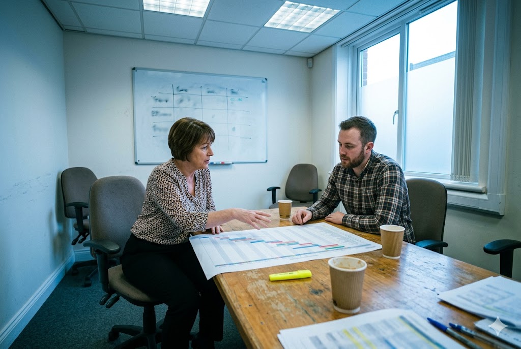 Project Management Consultation Supply chain project manager reviewing production schedule with client (ID#3)