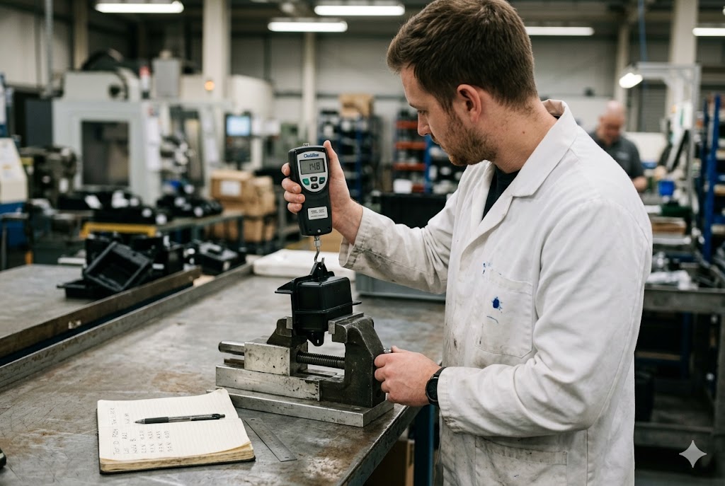 Parts Quality Inspection Process Quality inspector measuring custom mechanical part with digital gauge in factory (ID#3)