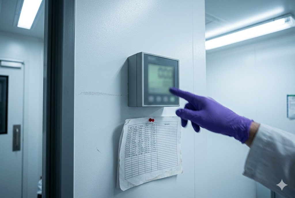 Cleanroom Quality Control Quality control technician operating cleanroom monitor for precision manufacturing (ID#3)