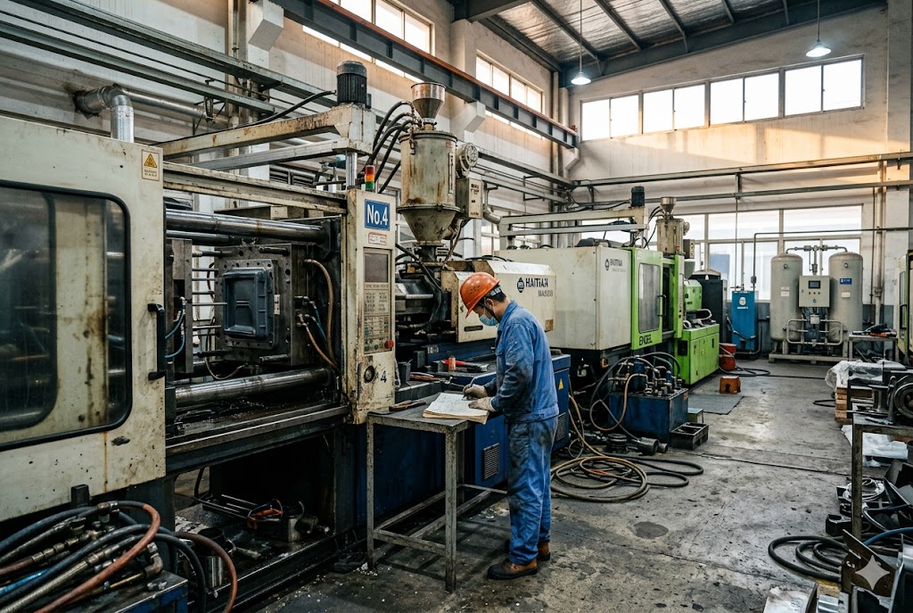 China Parts Manufacturing Factory worker operating injection molding machine for custom mechanical parts (ID#3)