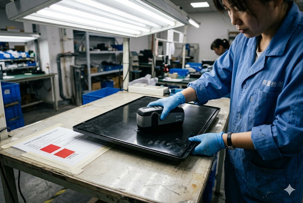 Parts Quality Inspection China Quality inspector using colorimeter to check custom mechanical part surface (ID#3)