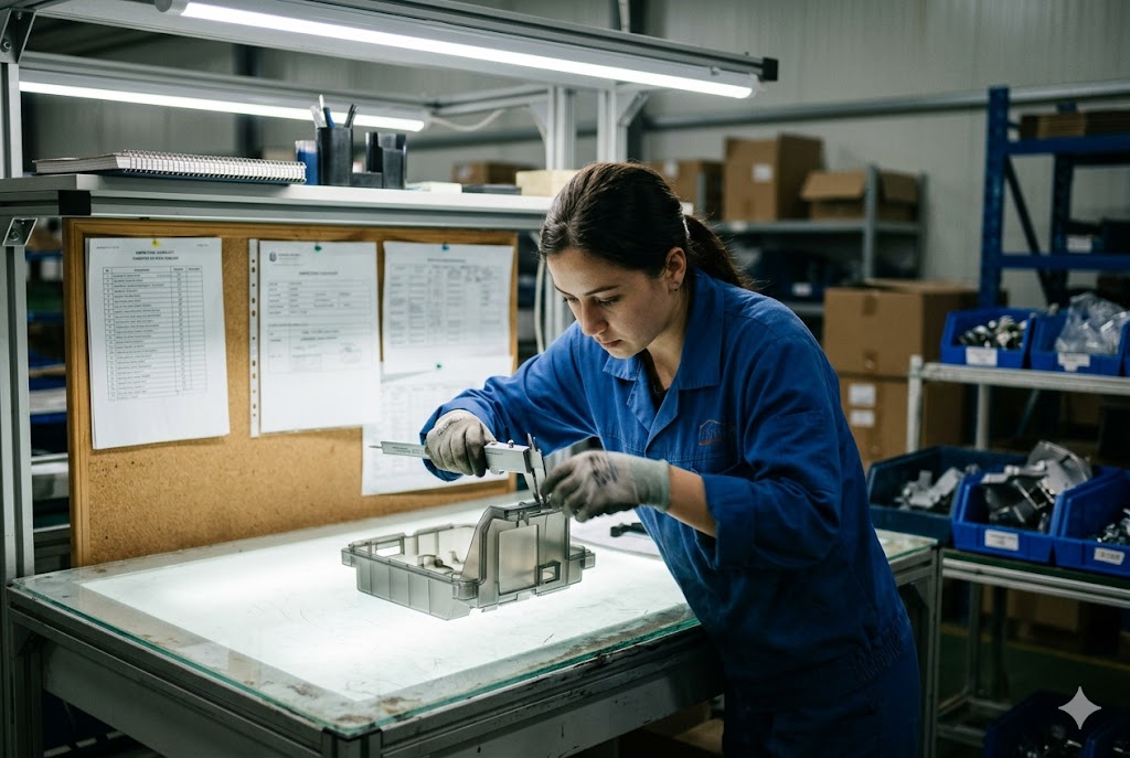 Precision Quality Inspection Quality inspector measuring custom mechanical part dimensions with calipers on light table (ID#3)