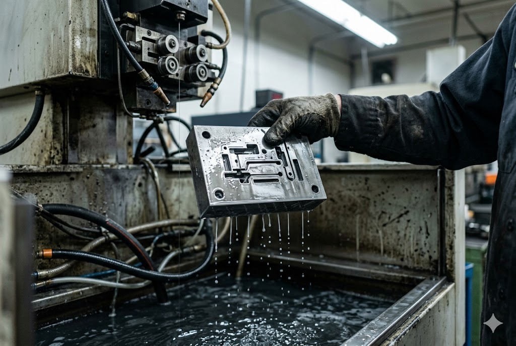 Custom Mold Part Manufacturing Worker lifting precision machined mold part from EDM coolant bath (ID#3)