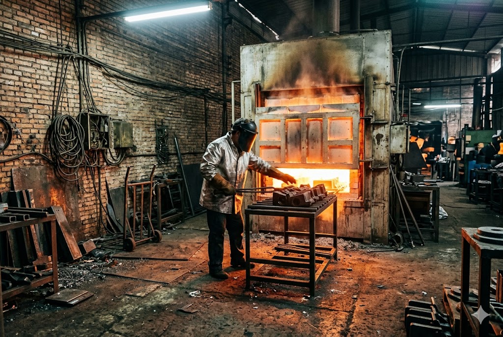 Industrial Heat Treatment Process Worker loading metal parts into industrial heat treatment furnace at China factory (ID#3)
