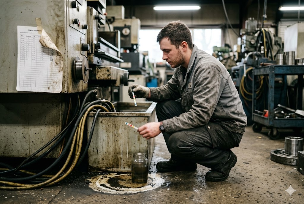 Factory Equipment Maintenance Check Machinist performing coolant fluid quality check on factory floor equipment (ID#3)