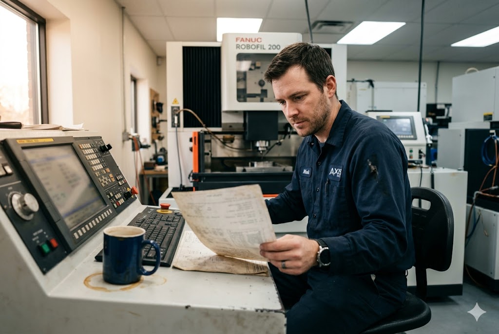 CNC Engineer Reviews Drawings Engineer reviewing technical drawings at CNC machine control panel (ID#3)