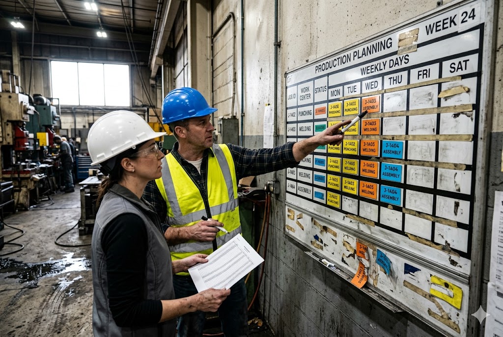 Factory Production Planning Board Two engineers reviewing weekly production planning schedule board in manufacturing facility (ID#3)