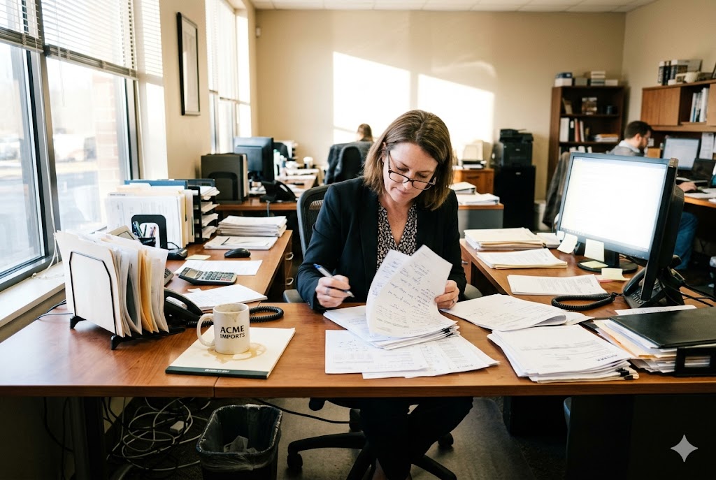 Importer Purchasing Manager Office Purchasing manager reviewing import orders and supplier documents at busy office desk (ID#3)