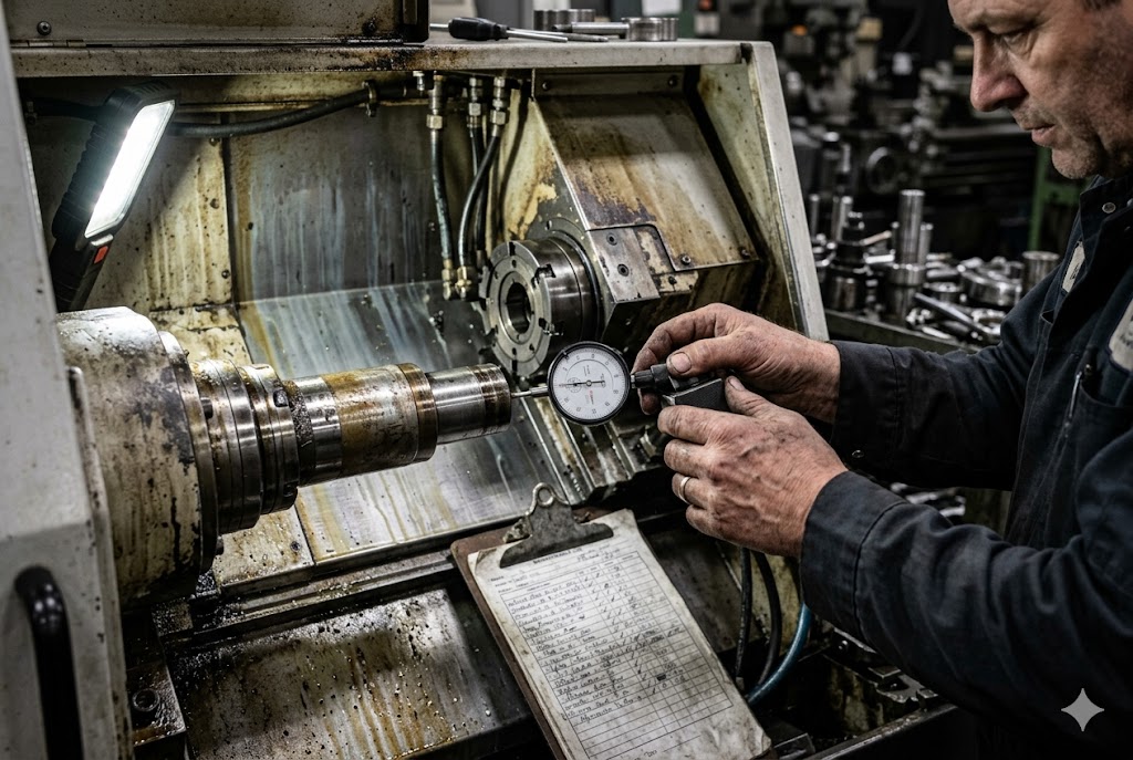 In-Process Quality Inspection Technician using dial gauge to inspect custom machined metal part tolerance (ID#3)