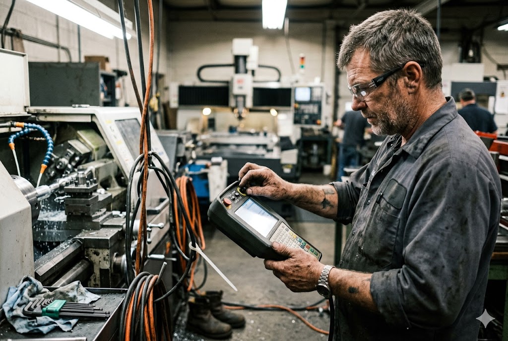 CNC Machinist at Work Machinist operating CNC controller for custom mechanical parts production (ID#3)