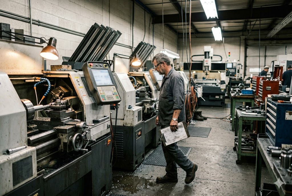 CNC Factory Floor Inspection Technician reviewing engineering drawings beside CNC lathe in custom parts factory (ID#3)