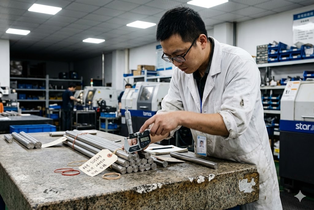 Precision Steel Rod Inspection Quality inspector measuring stainless steel rods with digital caliper (ID#3)