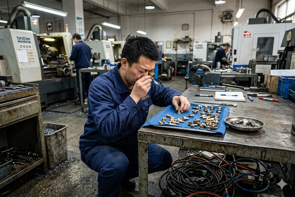 China Parts Quality Inspection Quality inspector examining custom brass mechanical parts in Chinese manufacturing facility (ID#3)