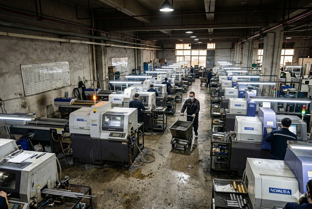 Custom Parts Factory Floor Large CNC machining workshop producing custom mechanical parts for export (ID#3)