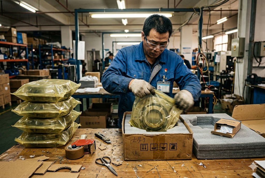 China Parts Export Packaging Chinese factory worker carefully packaging custom mechanical parts for export shipment (ID#3)