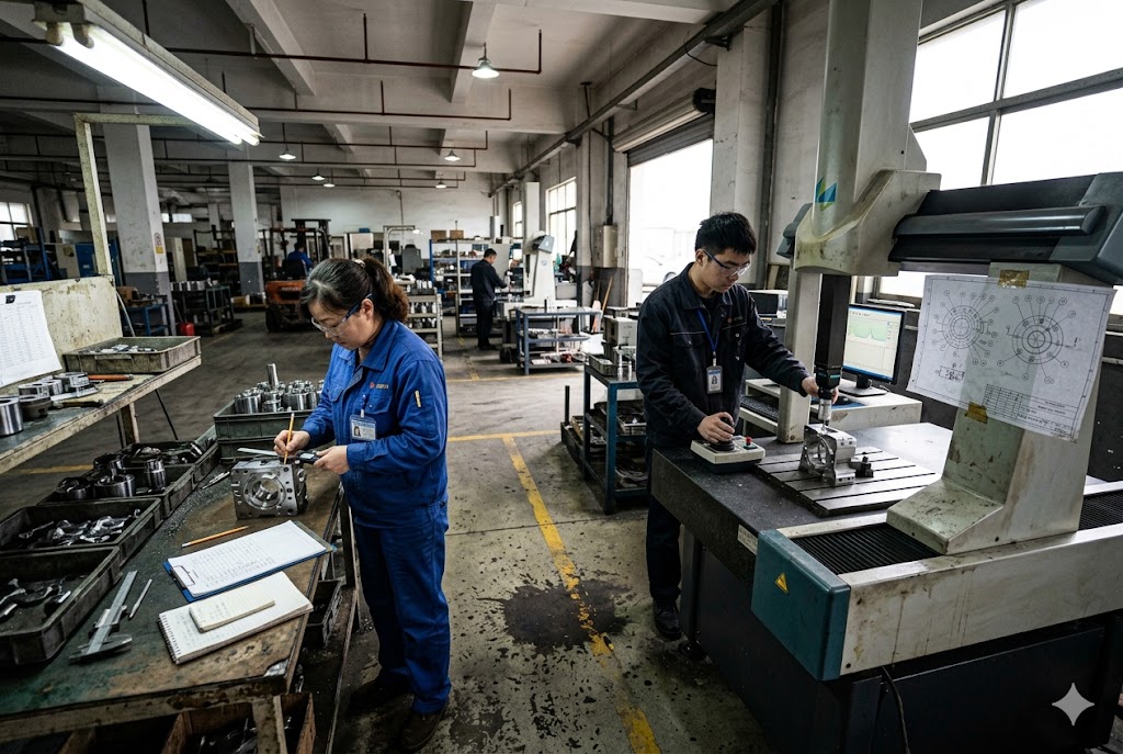 China Parts Factory QC China factory workers quality-checking custom mechanical parts with inspection equipment (ID#3)