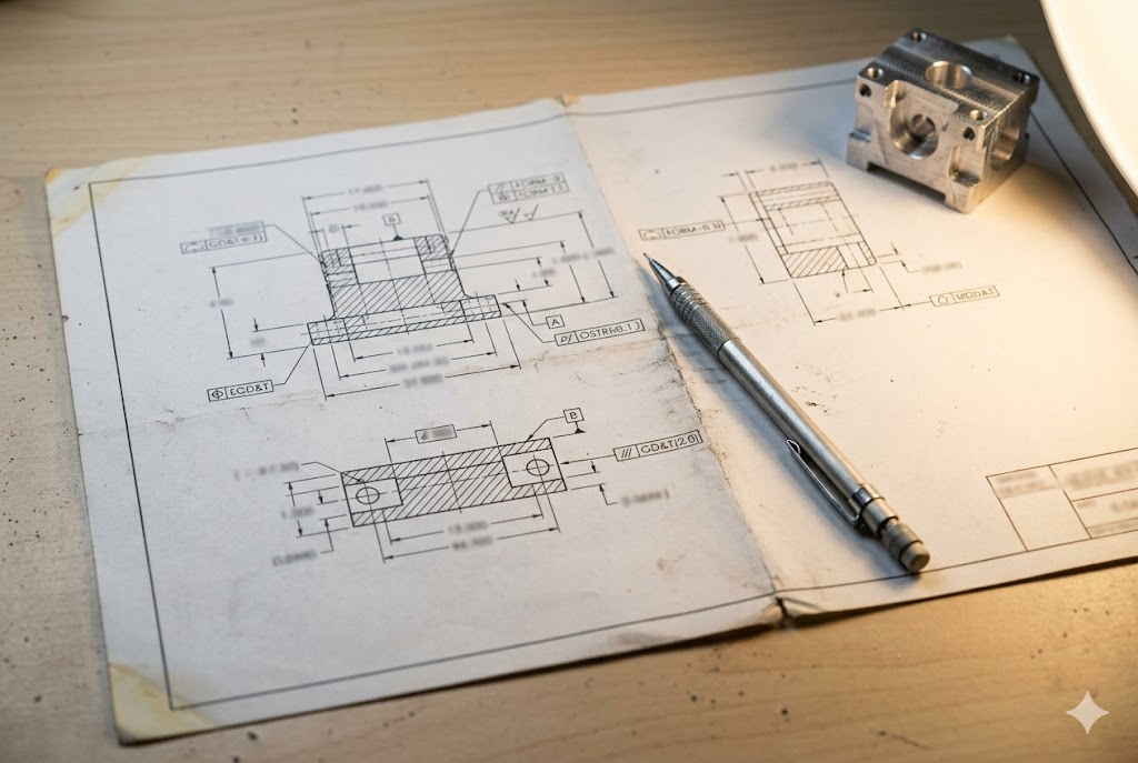 Custom Machined Parts Precision machined part beside detailed technical drawing and drafting pencil (ID#3)