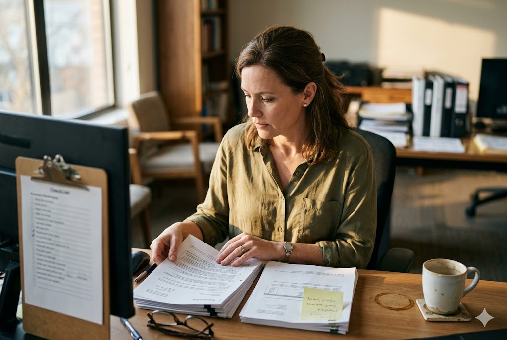 Parts Order Document Review Purchasing manager reviewing custom mechanical parts order documents at office (ID#3)