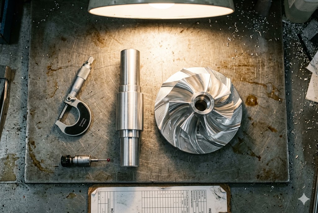 Custom CNC Machined Parts Precision custom machined aluminum impeller shaft inspected with micrometer (ID#3)