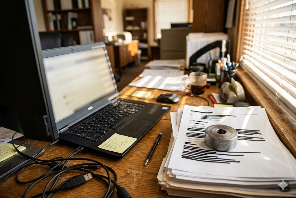 Parts Procurement Workspace Purchasing manager reviewing custom mechanical parts quotation documents at desk (ID#3)