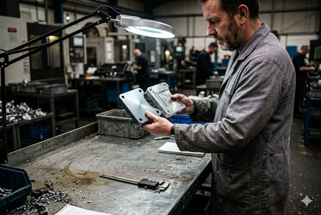 Parts Quality Inspection Quality inspector examining custom machined mechanical part under magnification lamp (ID#3)
