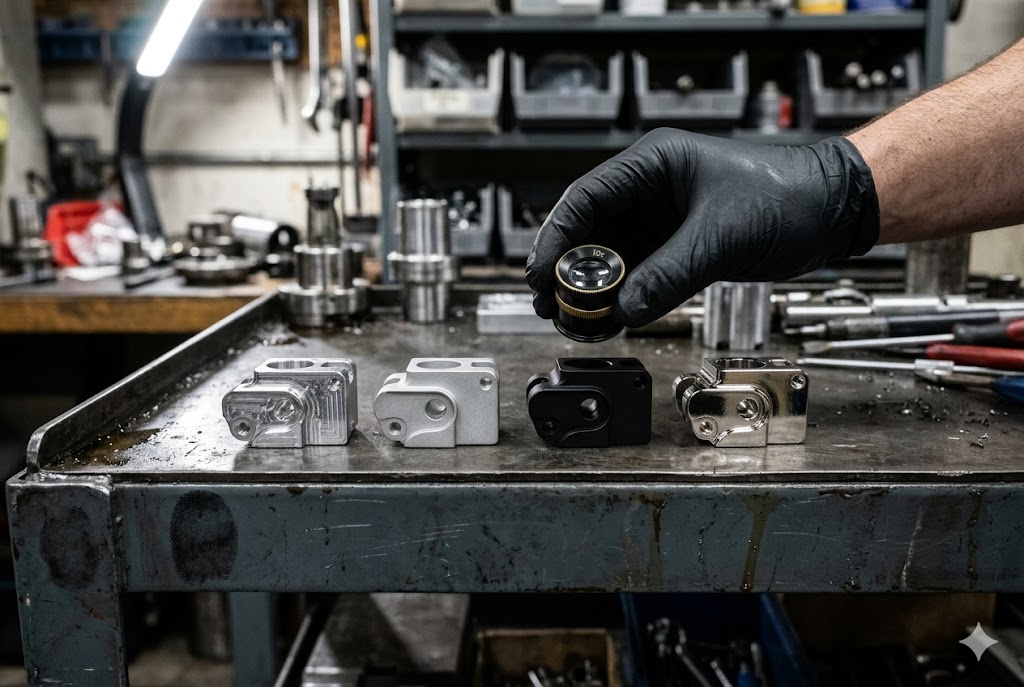 Custom Parts Quality Inspection Quality inspector using loupe to examine custom machined metal parts on workbench (ID#3)