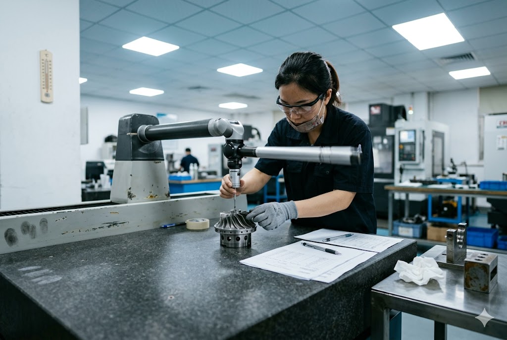 CMM Quality Inspection Service Quality inspector using CMM arm to measure custom turbine part dimensions (ID#3)