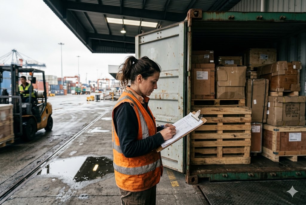 Parts Export Logistics Inspection Logistics inspector checking shipment cargo at port for mechanical parts export (ID#3)