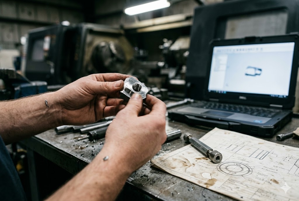Custom Parts Inspection Technician inspecting precision machined aluminum part beside CAD model and blueprint (ID#3)