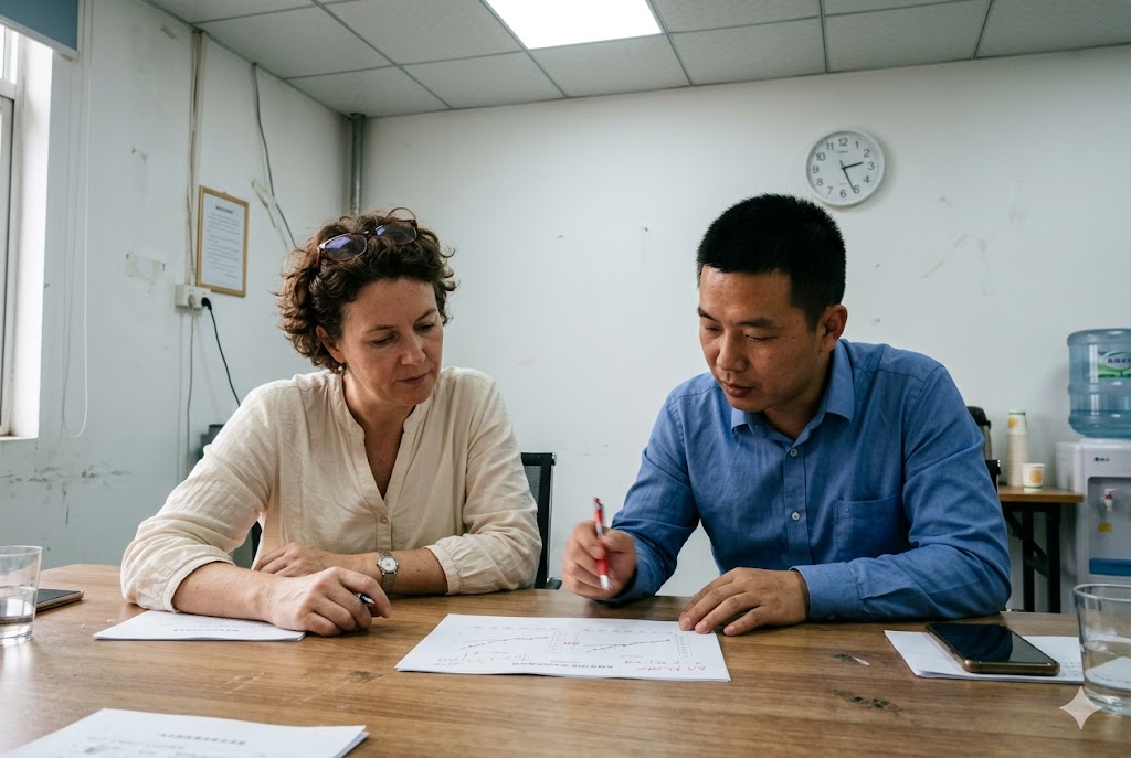 Supplier Engineer Consultation Western buyer reviews custom mechanical parts drawings with Chinese supplier engineer (ID#3)