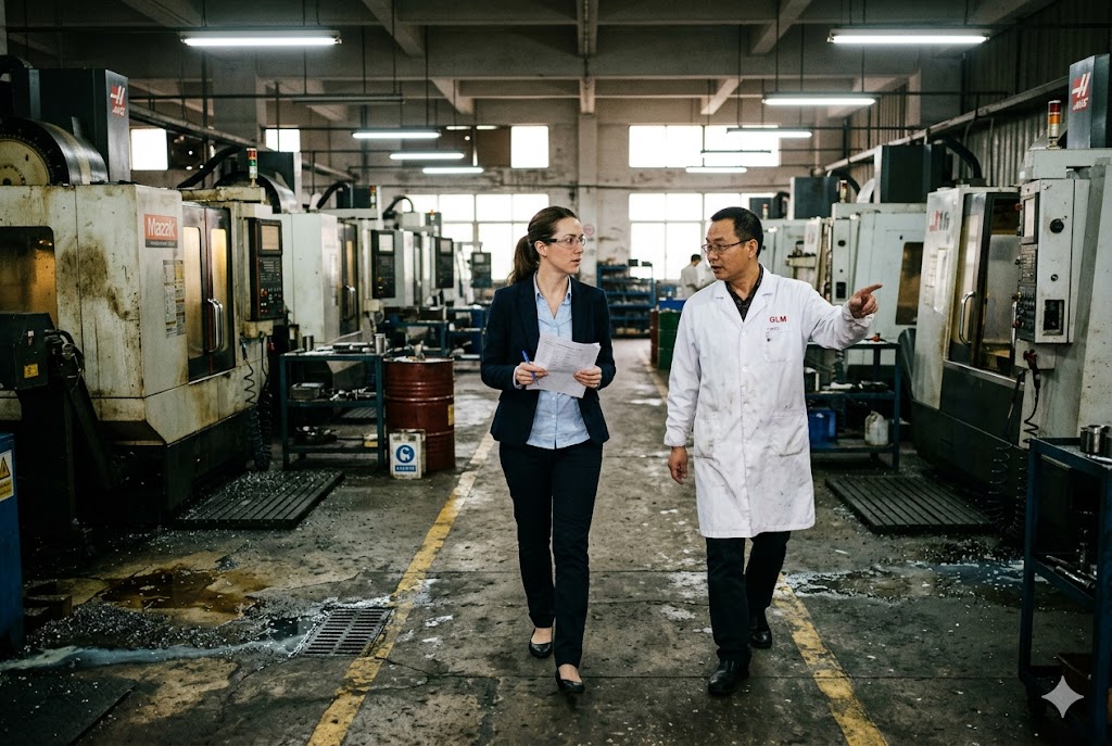 China Factory Audit Visit Luckym sourcing agent conducting supplier factory audit with engineer at CNC facility (ID#3)