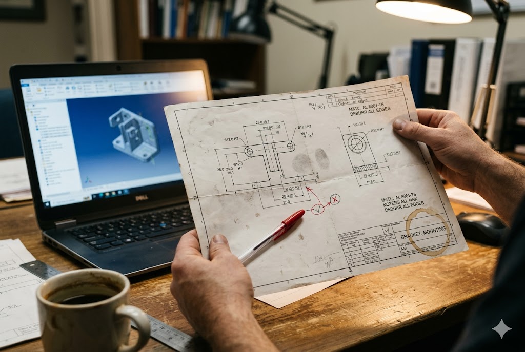 CAD Drawing Review Engineer reviewing bracket mounting technical drawing with CAD model on laptop (ID#3)