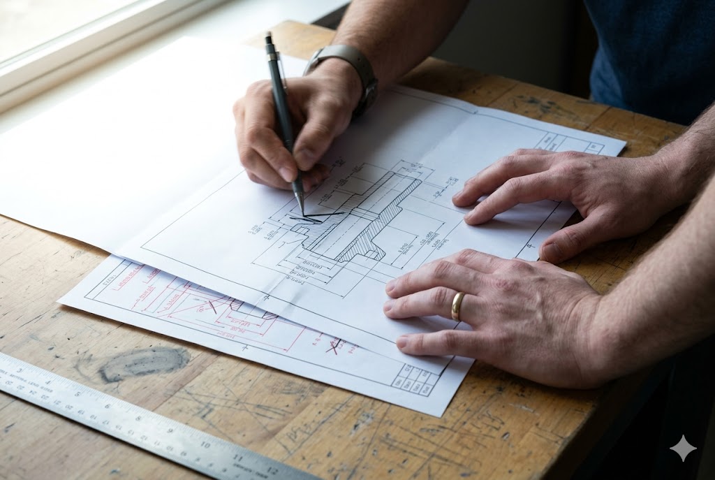 Custom Parts Engineering Drawing Engineer reviewing precision mechanical part technical drawing with pencil and ruler (ID#3)