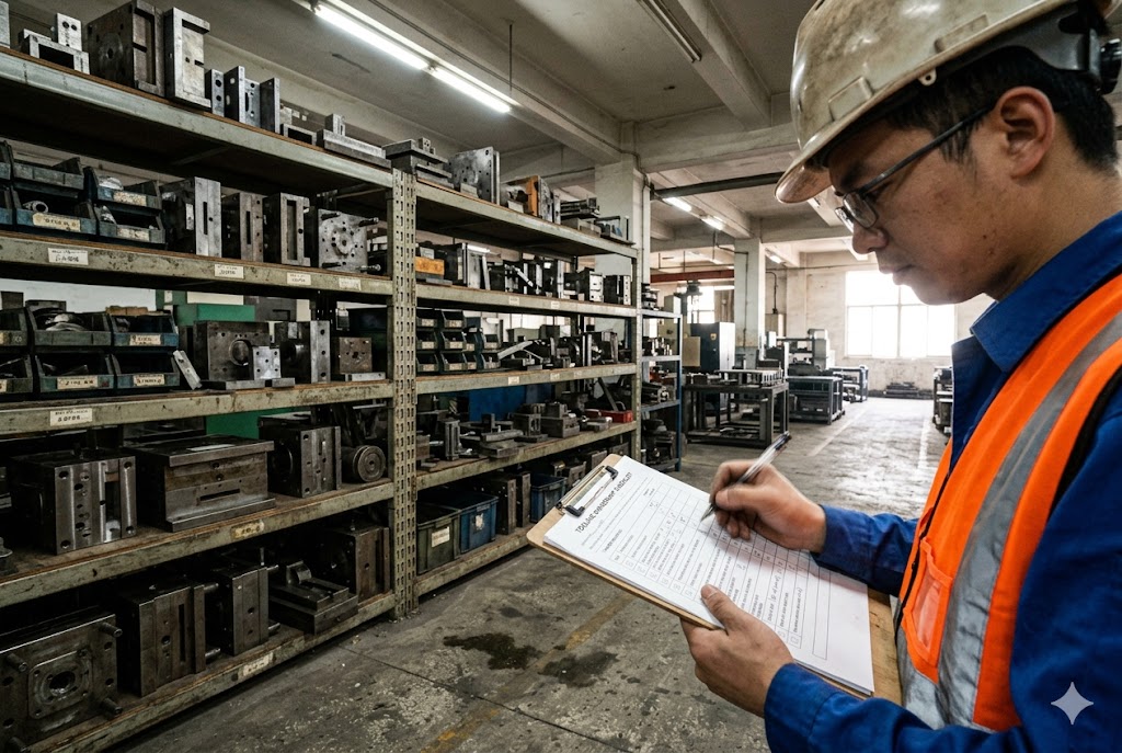 Factory Parts Audit Quality inspector auditing custom mechanical parts inventory in China factory warehouse (ID#3)