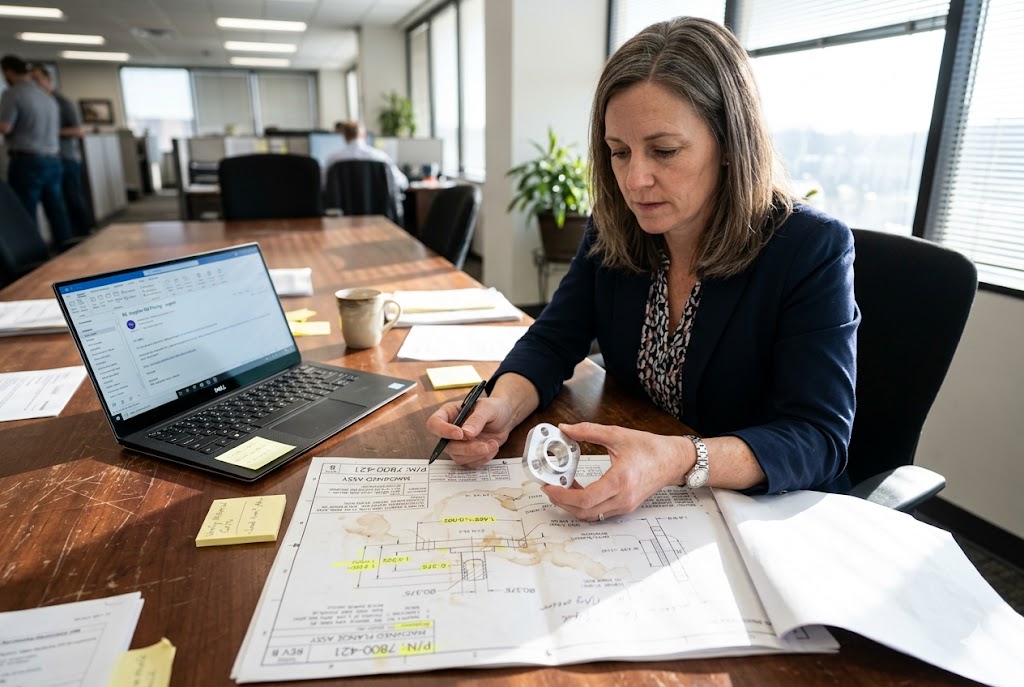 Parts Sourcing & Review Purchasing manager reviewing custom mechanical part drawing and machined flange component (ID#3)