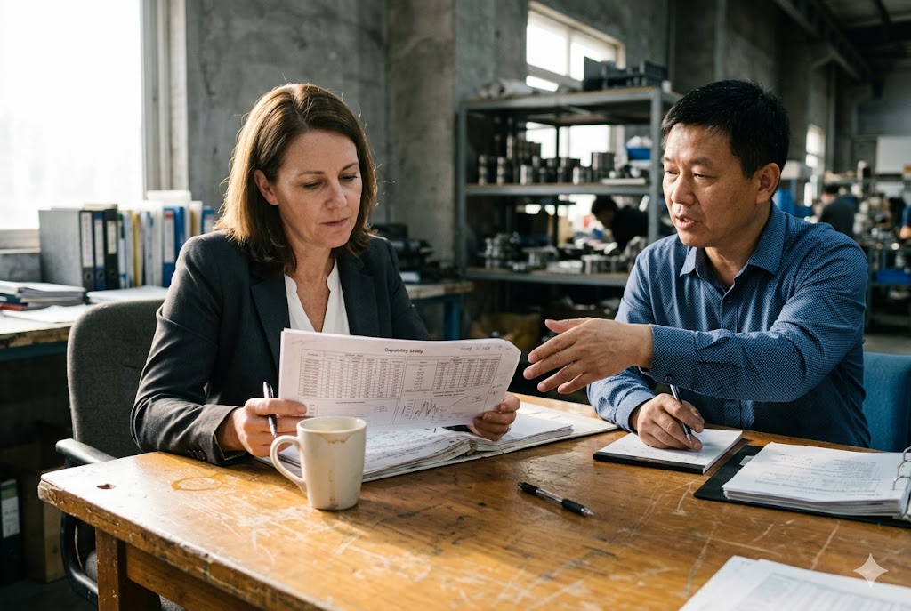 Supplier Capability Review Purchasing manager and Chinese supplier reviewing capability study report together (ID#3)