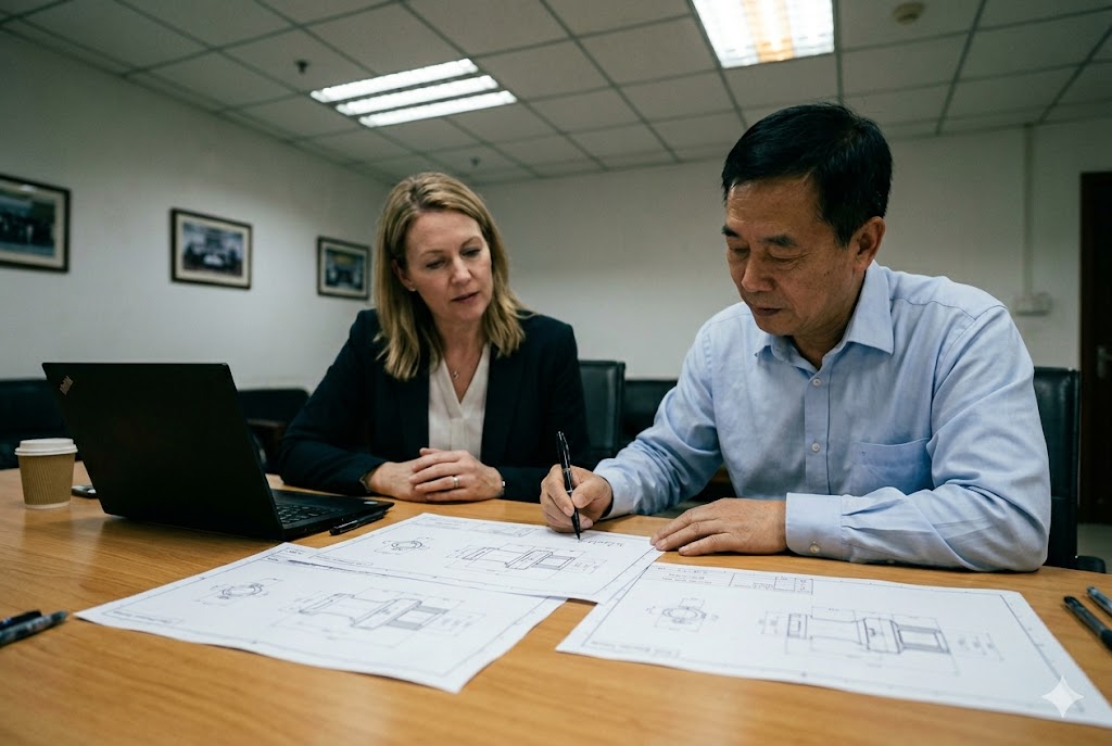 B2B Supplier Meeting US buyer and Chinese supplier discussing custom mechanical parts drawings in meeting room (ID#3)