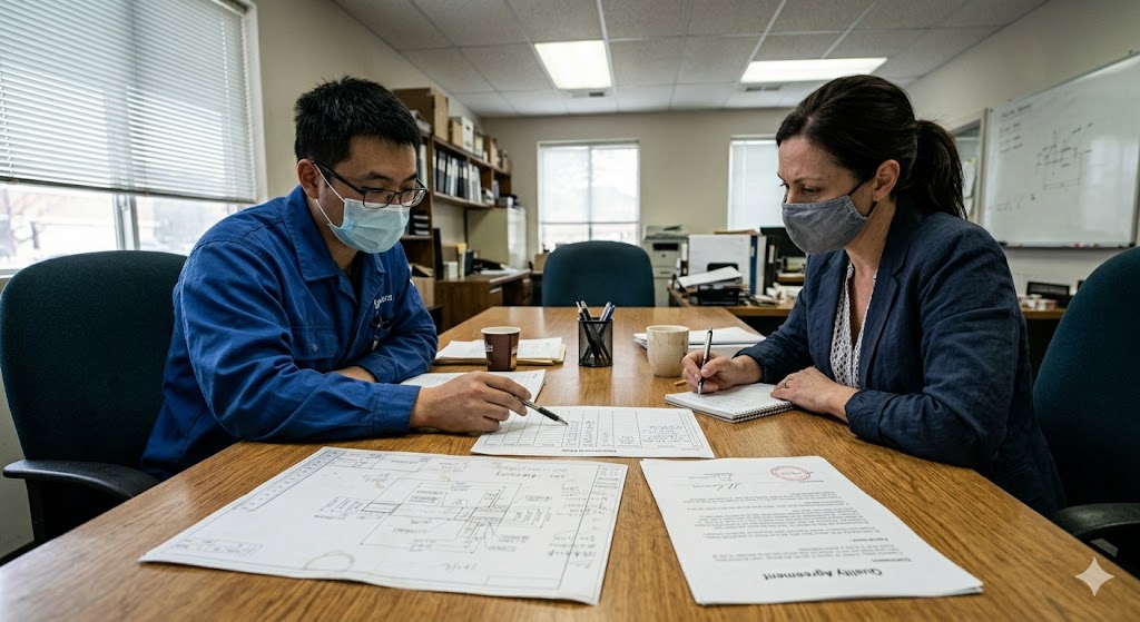 Supplier Quality Meeting China supplier and US purchasing manager reviewing quality agreement and technical drawings (ID#3)