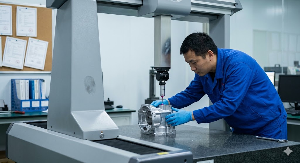 Precision Parts Quality Control QC engineer using CMM machine to inspect custom mechanical part dimensions (ID#3)