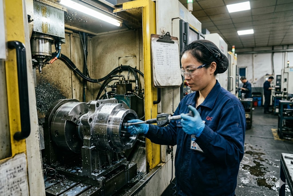 CMM Precision Quality Inspection QC engineer measuring precision machined component with digital caliper at CNC machine (ID#3)
