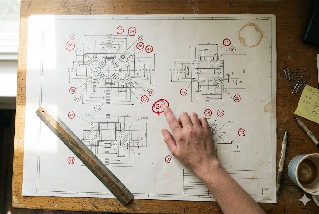 Custom Parts Blueprint Engineer reviewing detailed mechanical drawings for custom parts manufacturing (ID#3)
