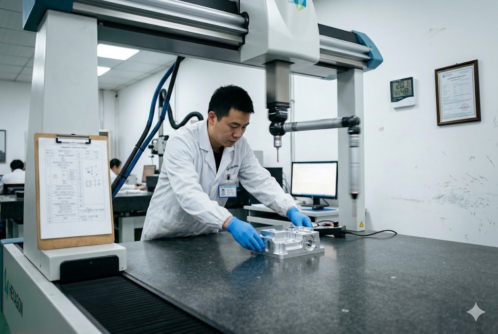 CMM Quality Inspection QC technician using CMM machine to inspect precision custom machined part (ID#3)